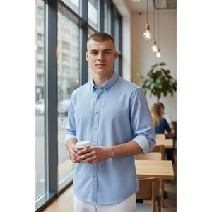 Nick Graham Men Light Blue Stretch Modern Fit Geo Print Dress Shirt 2XL‎ 18.5